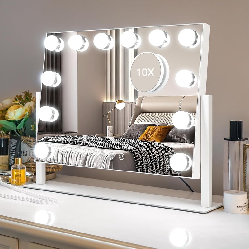 Vanity Mirror with Lights - 15.7"x11.8" LED Makeup Mirror | 10X Spot Mirror, Dimmable Touch Control, 360° Rotation, White