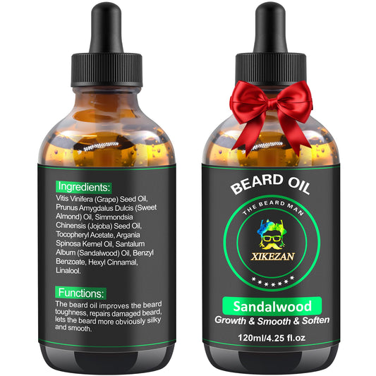 XIKEZAN Beard Oil,Beard Oil for Men,120ml/4.25 OZ Large Volume Sandalwood Natural Beard Growth Oil,Promote Beard Care Growth Mustaches Soften Strength Leave in Conditioner,Unique Gifts for Men Him Dad