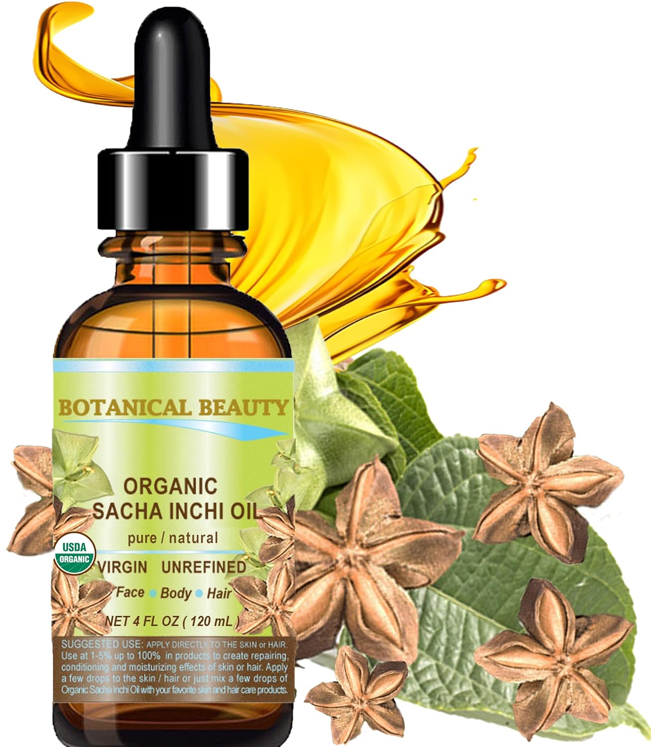 Organic Sacha Inchi Oil - 100% Pure Virgin Cold Pressed Carrier Oil for Face, Skin & Hair | 4 Fl Oz (120 ml)