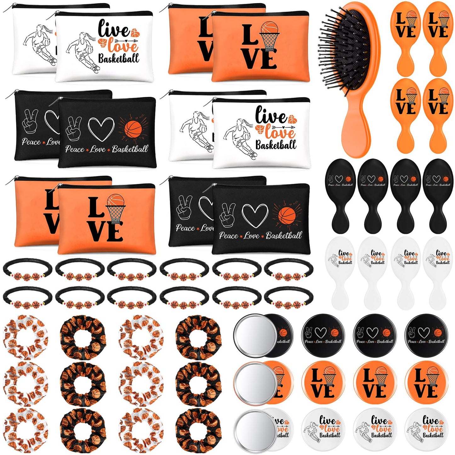 Baderke 60 Pcs Basketball Team Gifts for Women Basketball Party Favors Include Cosmetic Bags Makeup Mirror Hair Scrunchies Detangler Brush Bracelets for Women Players Sports Team Accessories