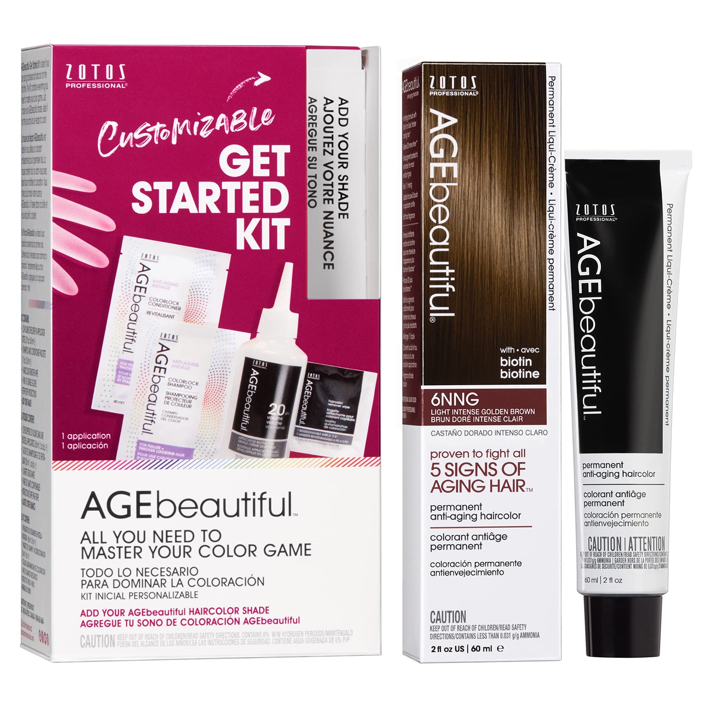 AGE beautiful Permanent Hair Color Dye Liqui Creme & Developer Starter Kit | 100% Gray Coverage | Anti-Aging | Biotin for Thicker, Fuller, Healthier Hair | 6NNG Light Intense Golden Brown