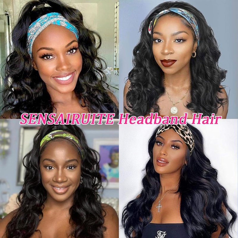 SENSAIRUITE Headband Wig Human Hair Body Wave 18 Inch None lace Front Wear and Go Glueless Headband Wig for Black Women Natural Black Color 180% Density