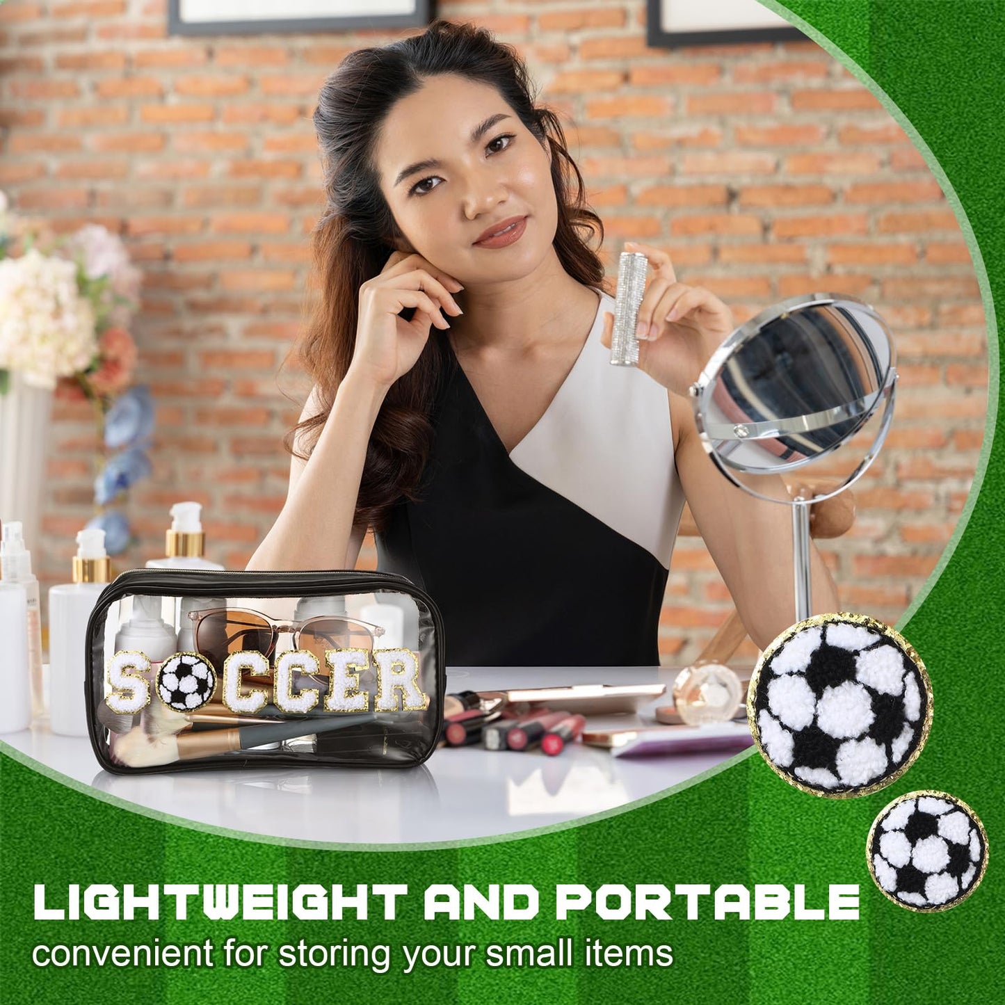 Reallnaive 6 Pcs Soccer Clear Cosmetic Makeup Bag with Chenille Letter Patch Sport Team Gift Goodie Snack PVC Pouch Organizer Waterproof Travel Toiletry Bags for Sports Theme Birthday Party Supplies