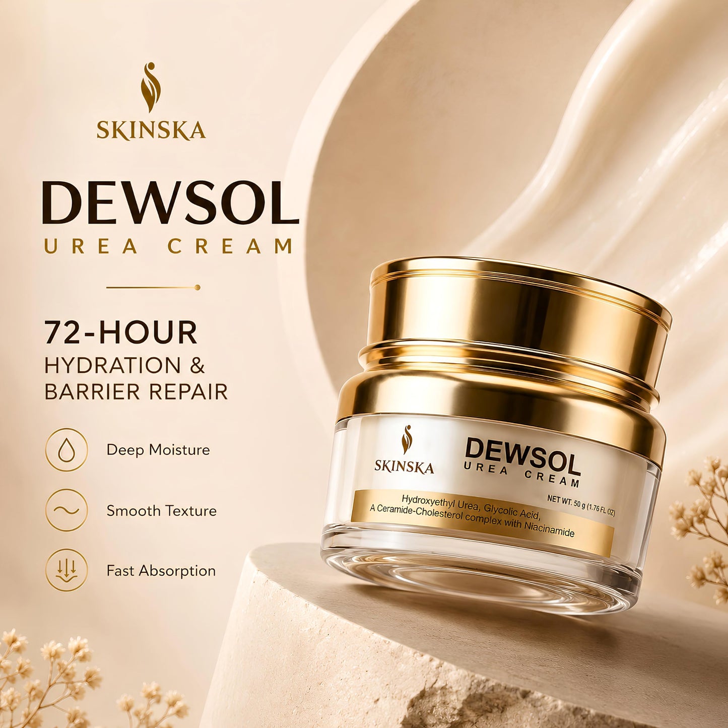 SKINSKA NATURALS Dewsol Urea Cream for Feet, Heels, Elbows & Hands With Glycolic Acid & Moisturizing Esters, Daily Use Cream for Smooth Feeling Skin - Men & Women, 1.69 fl oz