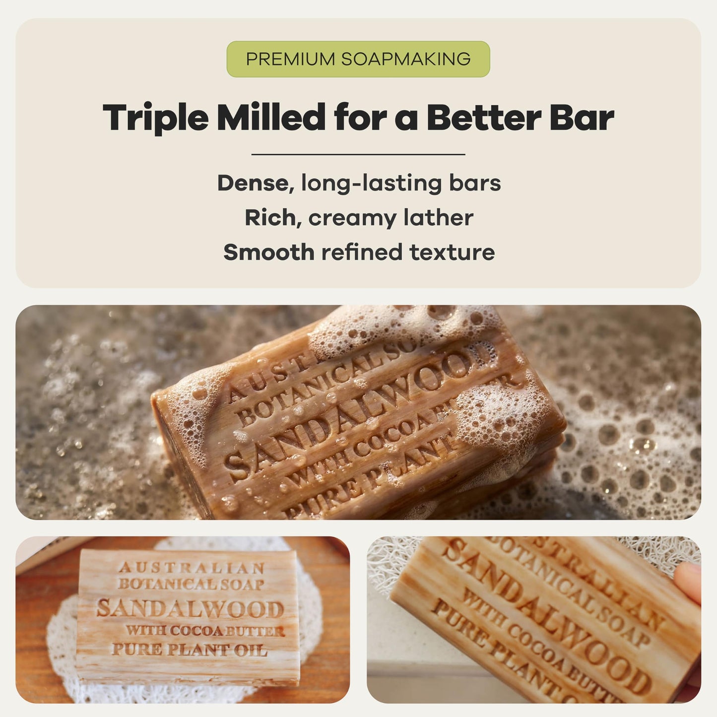 Australian Botanical Soap Sandalwood with Cocoa Butter – Triple Milled 6.6 oz Bar Soap with Shea Butter, Face Hand & Body Soap Bars, Pack of 6