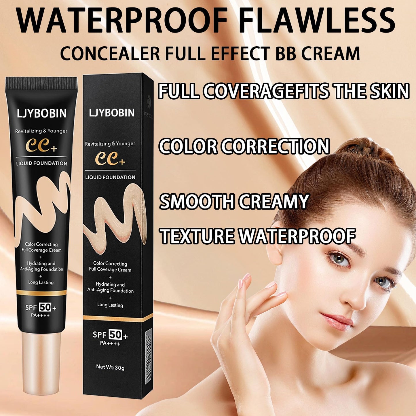 Hydrating CC Cream with Makeup Sponge,Waterproof Flawless Concealer Full Coverage BB Cream and Loose Setting Powder,Long Lasting Full Coverage Liquid Foundation for Men & Women（3 Pcs）