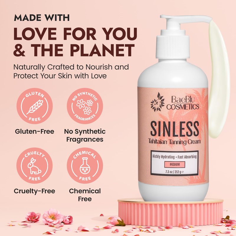 BaeBlu - Sinless Tahitian Self Tan Lotion - Sunless Tanning Lotion with Hydrating Monoi de Tahiti & Coconut Oils for Streak-Free, Golden Tan - No Orange, No Synthetic Fragrance - Vegan & Cruelty-Free