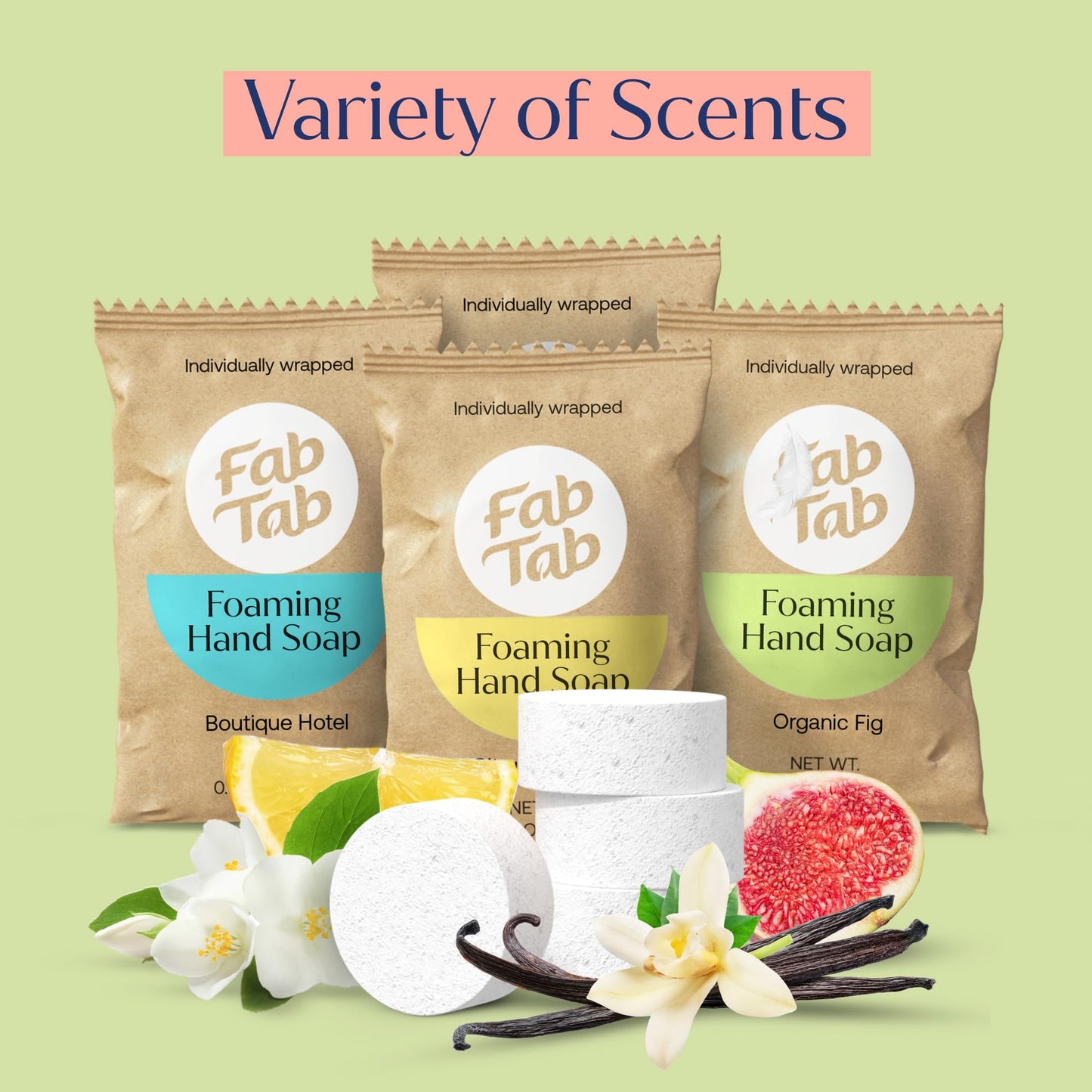 Fab Tab Foaming Hand Soap Refill Tablets, 20 Pack – Makes 238 fl oz – Plant-Based – Variety Scents (Citrus Blossom, Boutique Hotel, Pure Elegance, Organic Fig) – Works with Any Foaming Dispenser