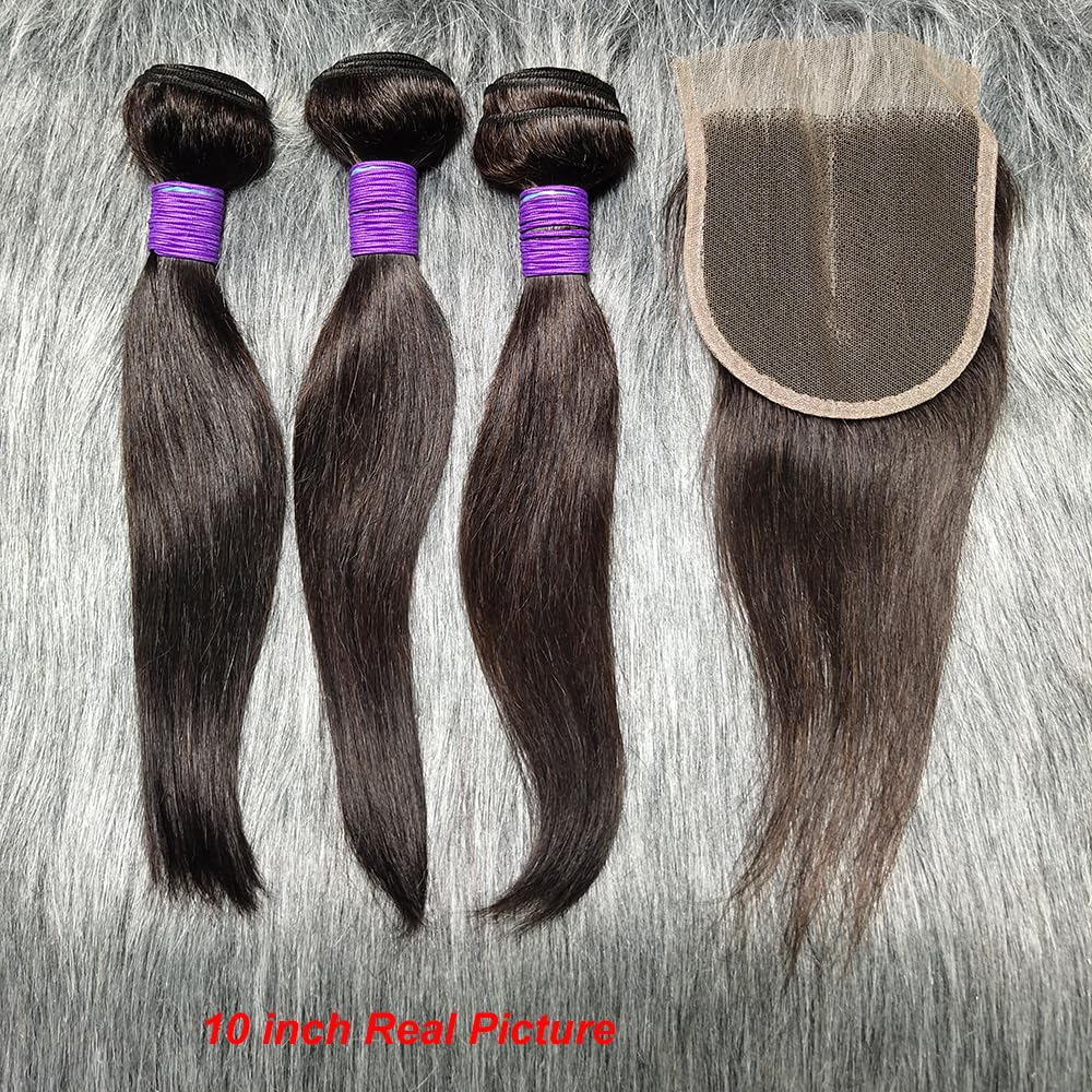3 Bundles Human Hair with Closure Straight 100% Unprocessed Virgin Brazilian Hair Weave with 4x4 Lace Closure Free Part Double Weft 10A Hair Extensions Natural Black Color (8" 8" 8" + 8" Closure)