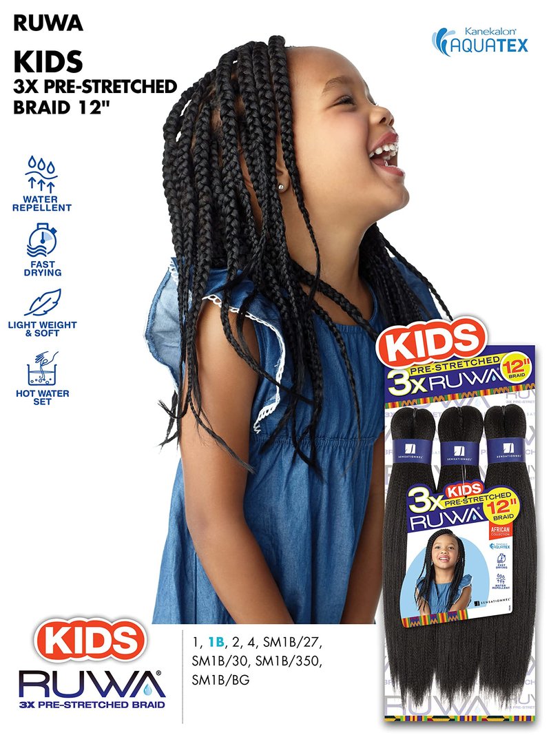 Sensationnel 3X RUWA PRE-STRETCHED KIDS BRAID 12″ (5-PACK, 1B)