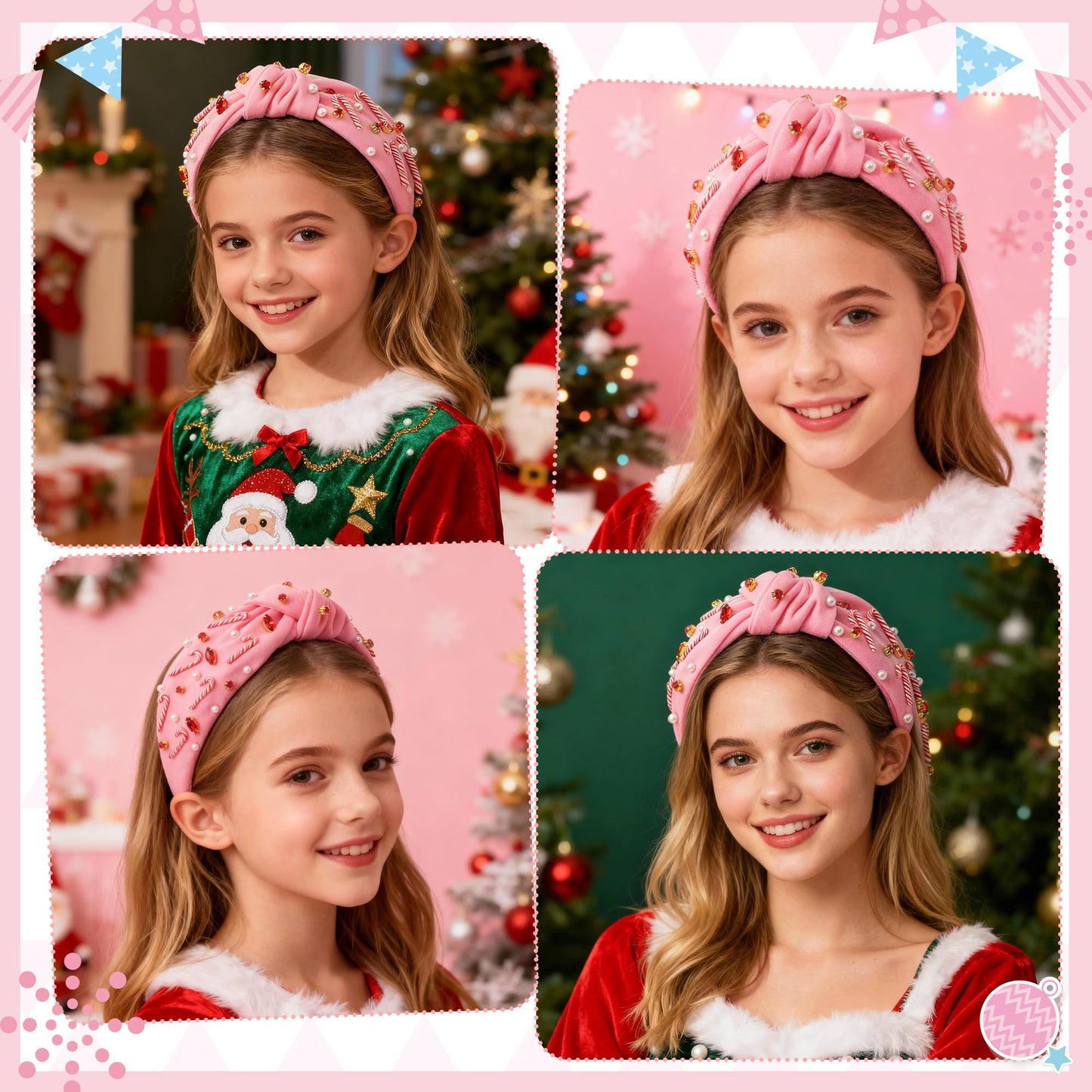 PANTIDE Christmas Jeweled Knotted Headband - Xmas Candy Cane Rhinestone Crystal Pearl Embellished Headband None Slip Wide Top Knot Fashion Hairband Hair Accessories Birthday Gift for Women Girl (Pink)