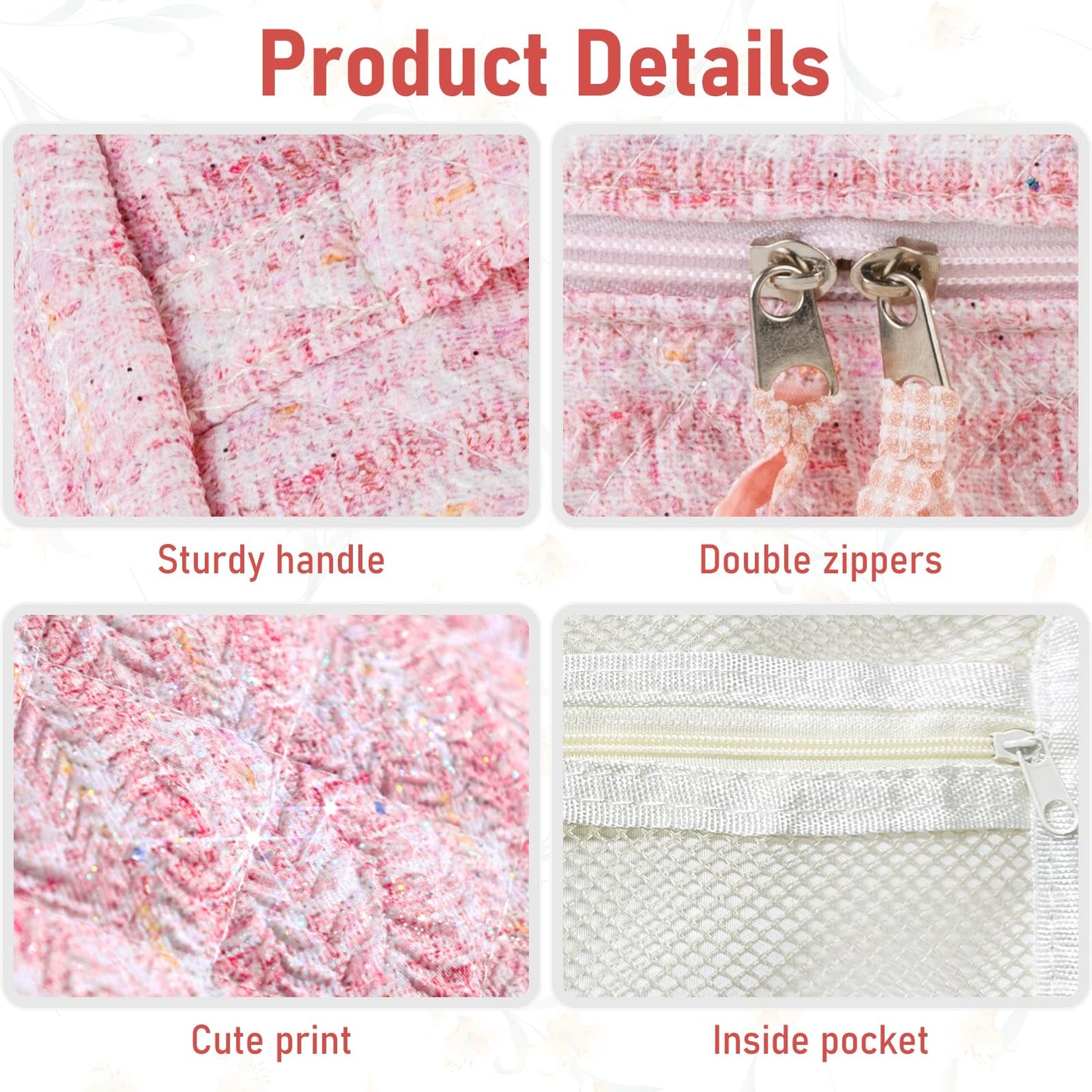 Large Makeup Bag Floral Cosmetic Bag Quilted Flower Travel Makeup Toiletry Bags Set Organizer Cotton Cute Make Up Accessories Zipper Bags Pouch Travel Essentials Gifts for Women Teen Girls Pink