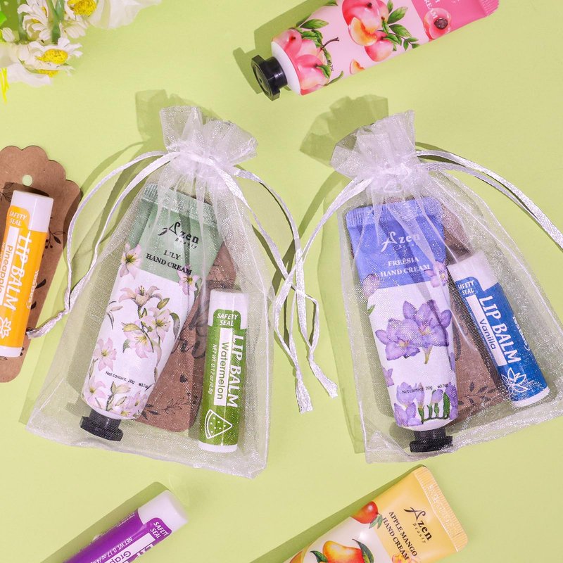 AZEN 32 Sets Bulk Gifts, Hand Cream and Lip Balm Bulk Set with Organza Bag Thank You Card, Baby Shower Wedding Gift for Guests, Bridal Wedding Favors for Guests, Mothers Day Gifts Stocking Stuffers