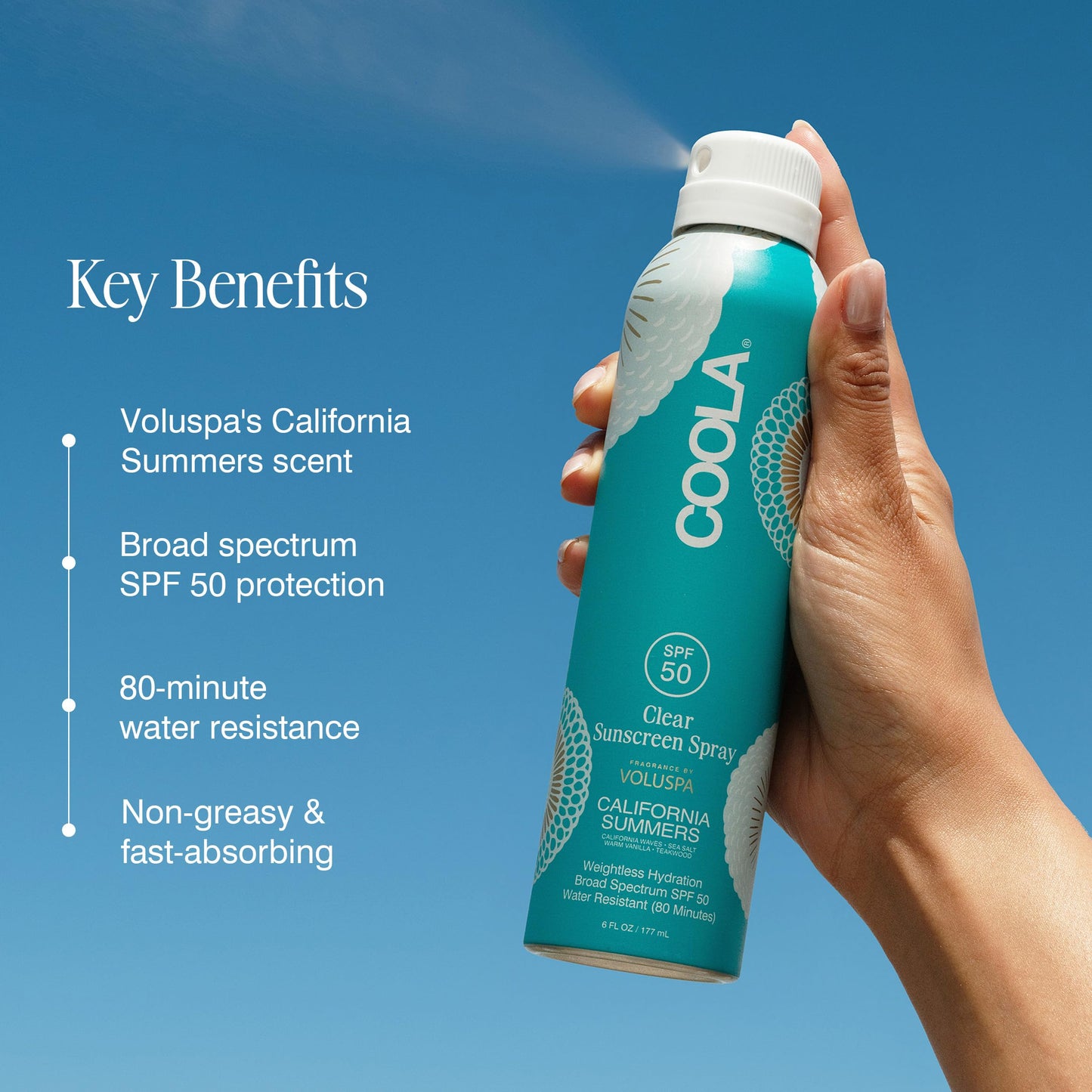 COOLA Organic Clear Sunblock Spray SPF 50, Voluspa California Summers Fragrance, Dermatologist Tested Skin Care for Daily Protection, Vegan and Gluten Free