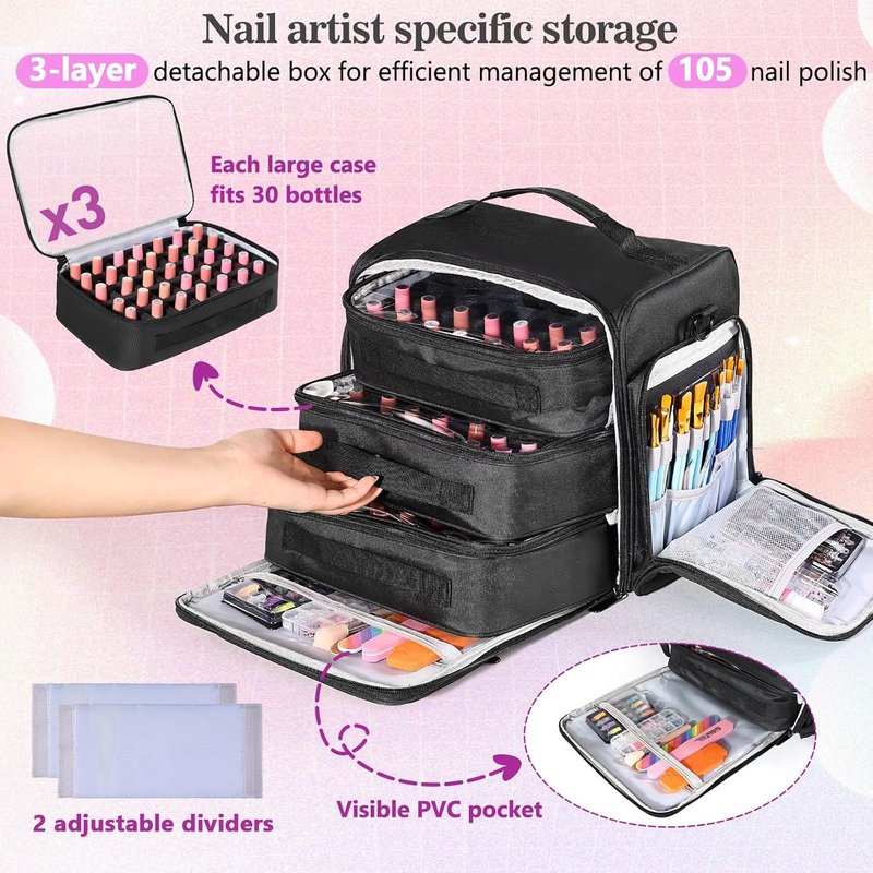 Nail Polish Organizer Case - Extra Large 105 Bottle Capacity | 3 Removable Pouches for Manicure Tools & Supplies