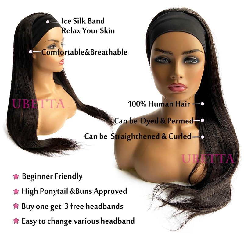 Ubetta Nature Black Headband Wig - Glueless Straight Brazilian Virgin Hair, 150% Density, 18 Inch