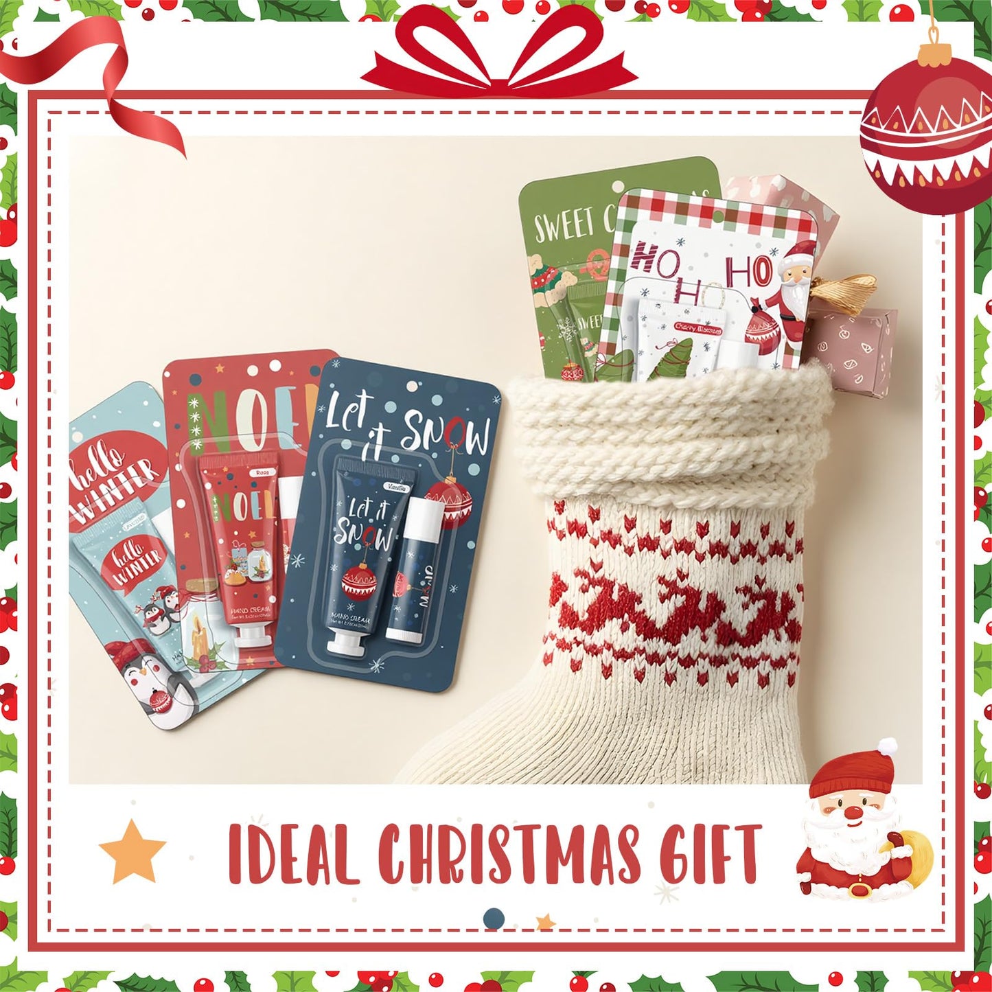 Heigble 30 Pcs Christmas Hand Cream and Lip Balm Gift Sets, Christmas Stocking Stuffers Travel Size Hand Lotion Lip Balm Xmas Party Holiday Gifts for Women Mom Staff Coworkers Adult Girls