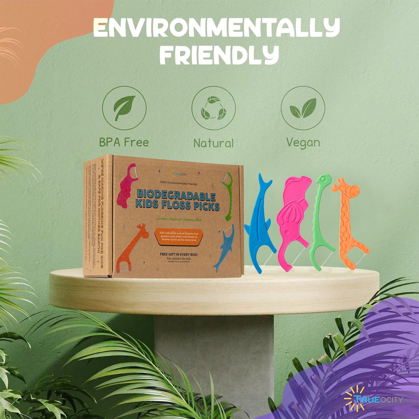 Biodegradable Kids Flossers -200 Pack, Natural Kids Floss Picks, Fluoride Free, Biodegradable Floss Pick, Organic Animal Dental Floss Picks, Dental Floss Sticks - 4 Fun Animal Designs