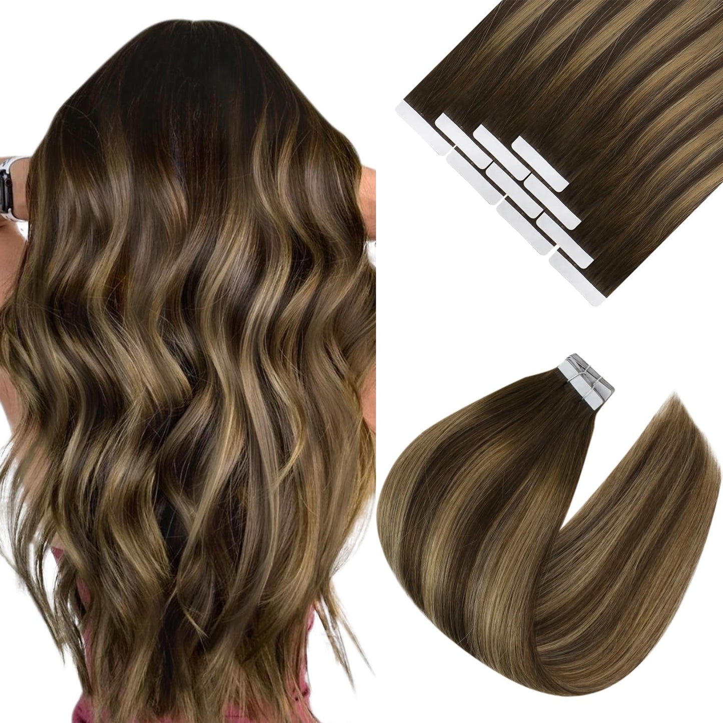 Ve Sunny Human Hair Tape in Extensions 18inch Hair Extensions Tape in Brown mix Blonde Balayage Tape Hair Extensions Real Human Hair Invisible 10Pcs 25G