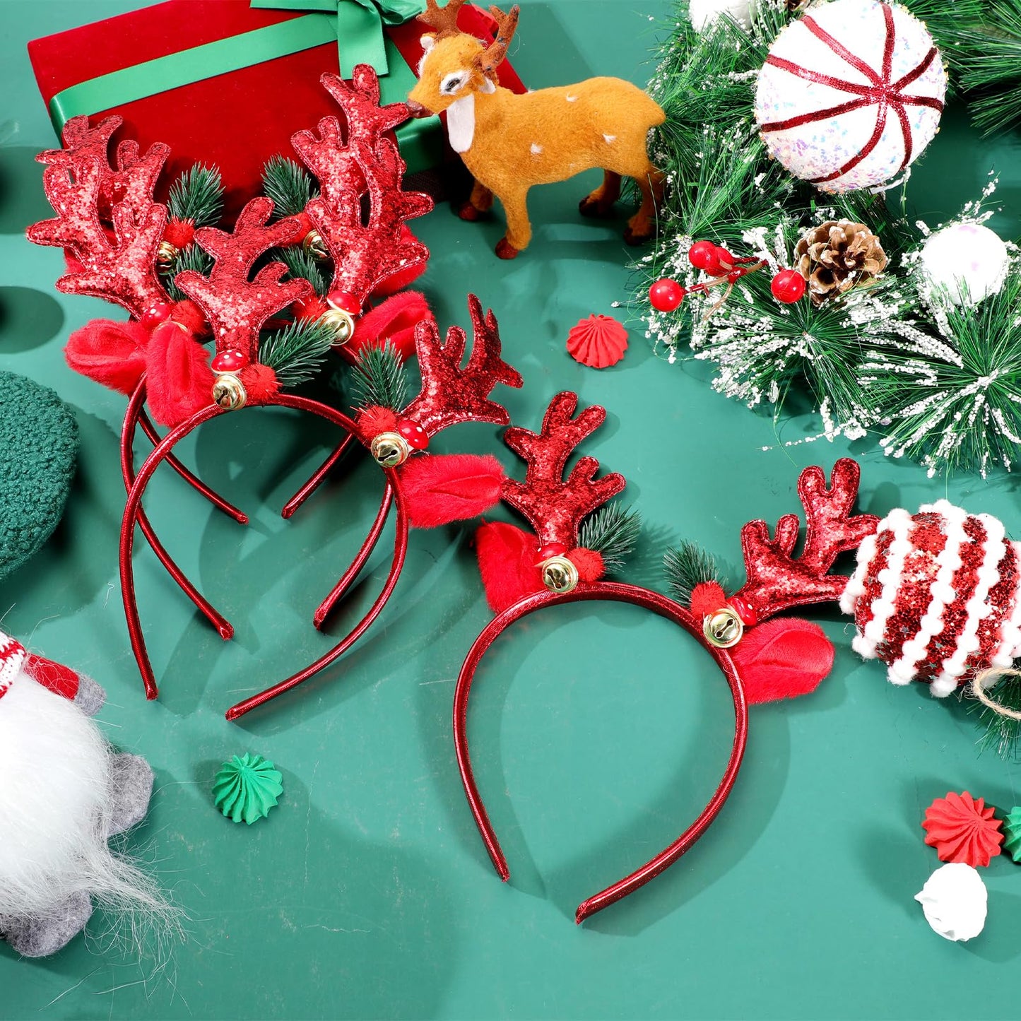 Crowye 12 Pcs Christmas Reindeer Headbands Bulk Christmas Reindeer Antler Headbands Xmas Glitter Elk Deer Hairband for Women(Red)