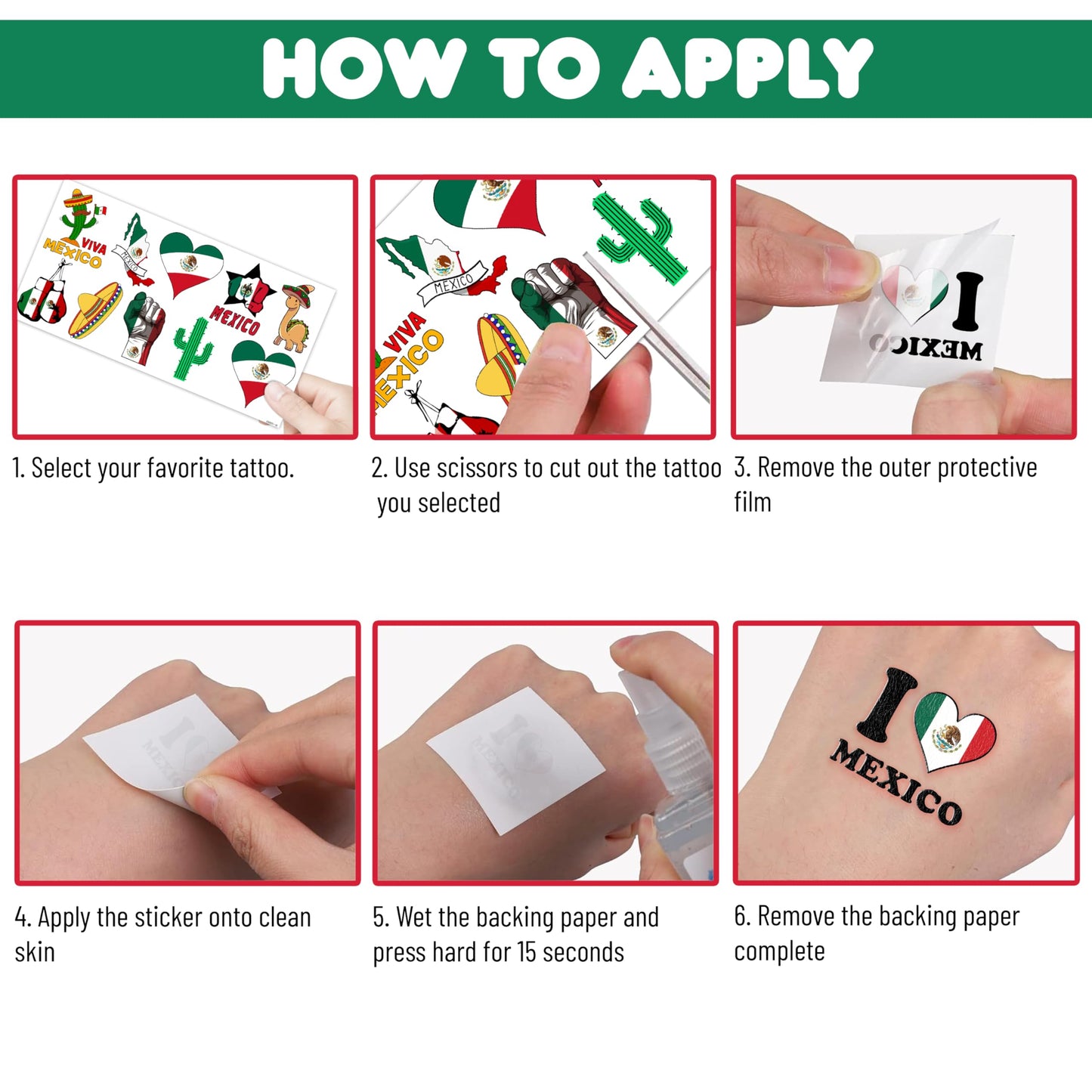 Mexico Independence Day Temporary Tattoos - 100 Pcs (10 Sheets) Viva Mexican Themed Fake Tattoos for Kids & Adults, Party Favors & Decorations