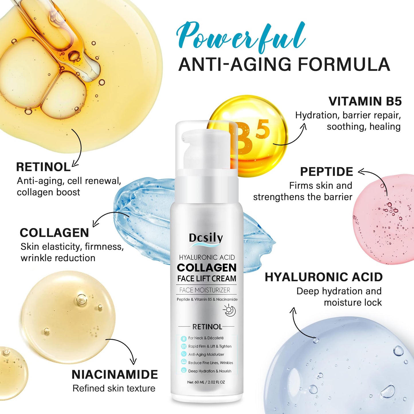 Tighten and Lift Neck Cream: Instant Face Lift Cream - 6-in-1 Anti-Aging Face Moisturizer for Anti-Wrinkle, Firm - Collagen, Retinol, Peptides & Hyaluronic Acid Neck Firming Cream for Skin Care