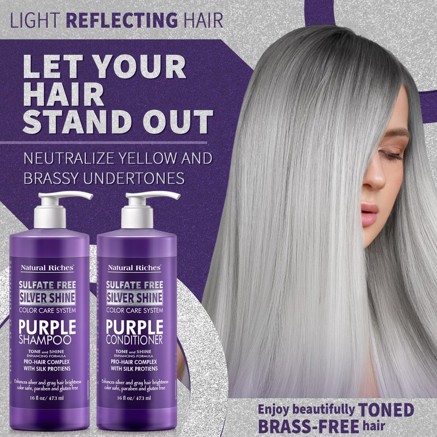 Natural Riches Radiant Silver Shine Purple Shampoo and Conditioner Set for Gray Hair - Paraben-Free and Color Safe – With Silk Proteins, Tones Dull Hair, Softens & Adds Shine - 16 fl oz
