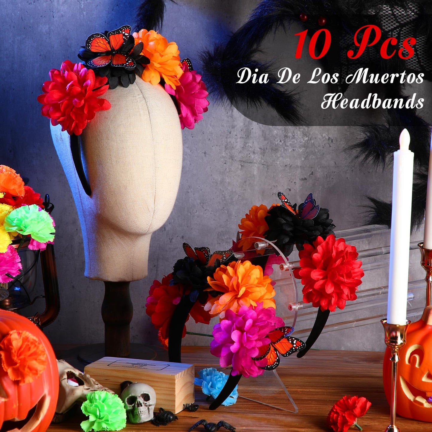 Hotop 10 Pcs Mexican Headbands Hair Flower Crown Accessories with Monarch Butterfly for Fiesta Party Supplies Day of The Dead Decor