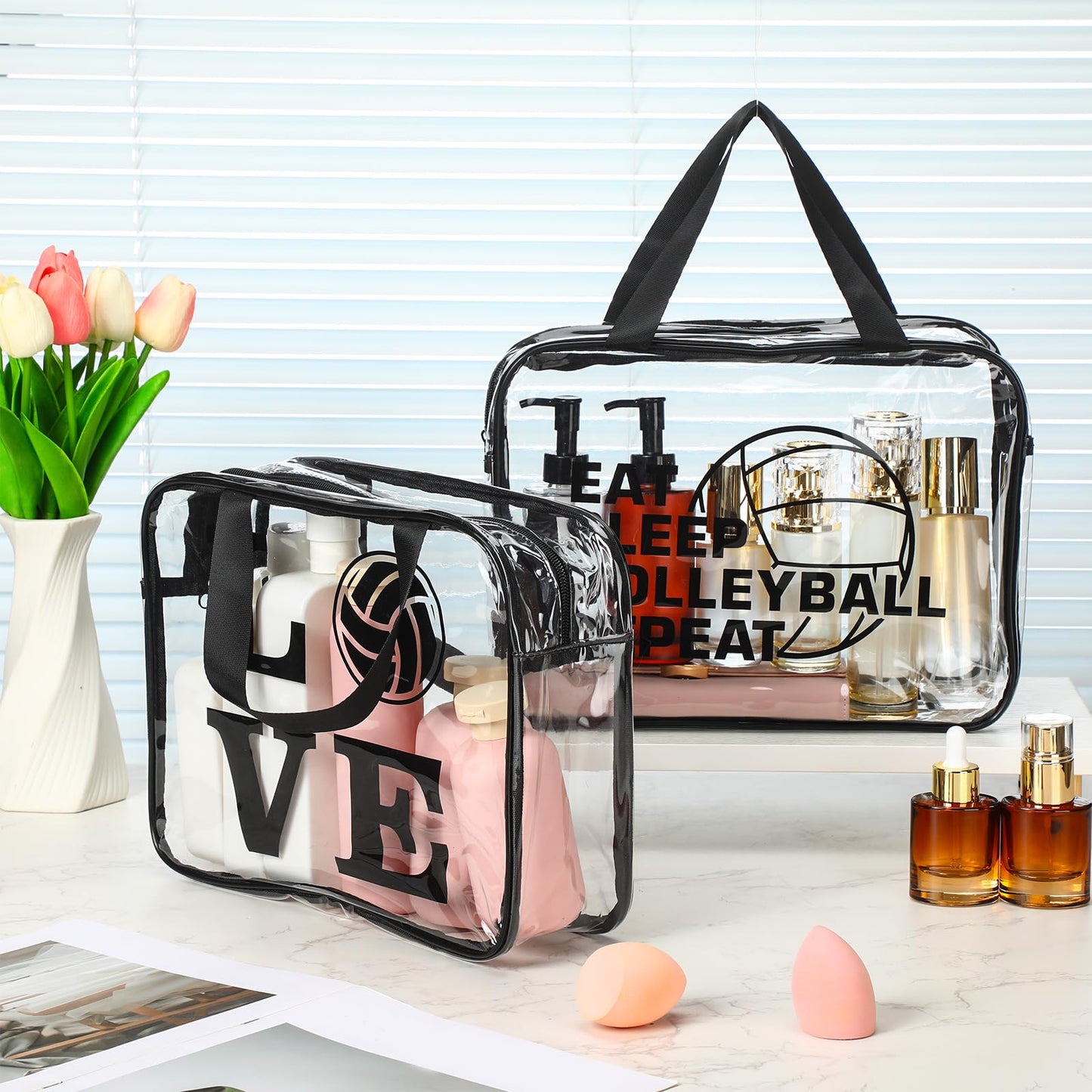Shinylin 6 Pcs Volleyball Gift Bags with Zipper and Handles Clear PVC Waterproof Makeup Cosmetic Goodie Bag Volleyball Team Gift for Women Birthday Party Team Player Lover(Multiple Style)