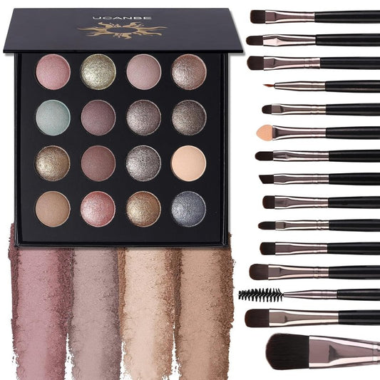 UCANBE Baked Eyeshadow Palette - 16 Color Natural Nude Matte & Shimmer | Includes 15PCS Brushes, High Pigment, Waterproof