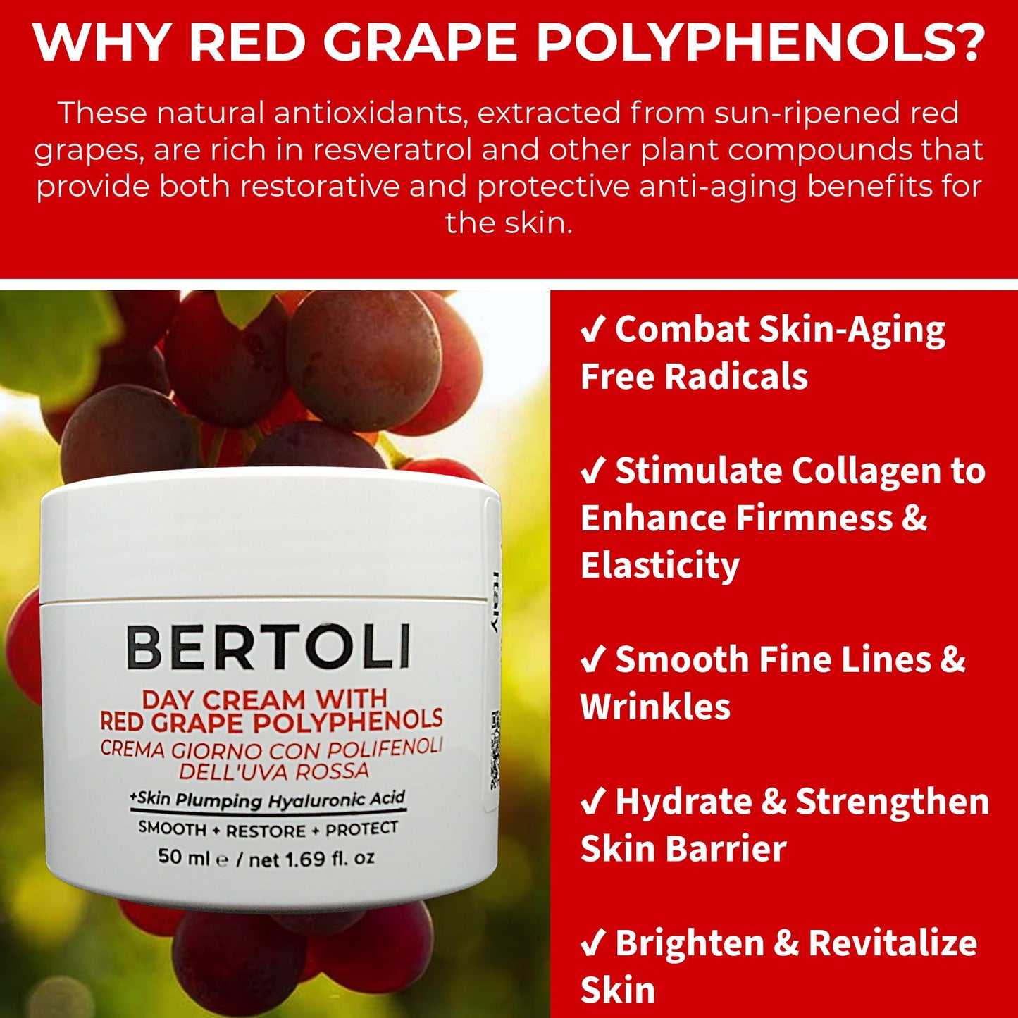 BERTOLI Polyphenol Cream – Age-Defying Face Moisturizer with Hyaluronic Acid & Resveratrol – Rich Italian Wrinkle Cream Made in Italy, Deep Hydration, Collagen Support, 98% Natural, Clean Skincare