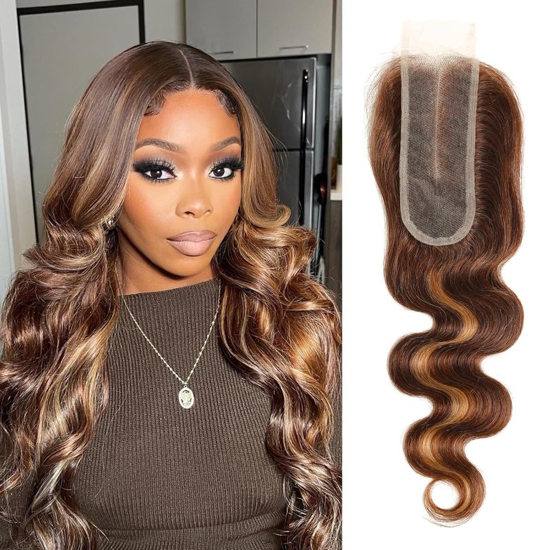 Long Deep Part 2x6 Closure Body Wave - Honey Blonde & Ombre Brown HD Lace, 10 Inch Real Human Hair