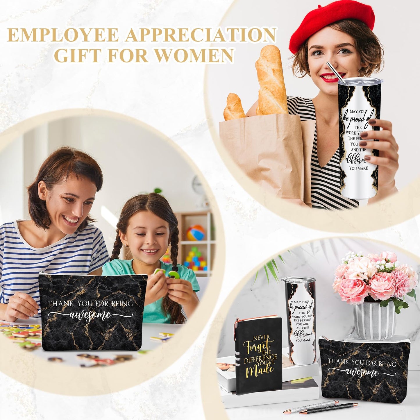 Domensi 6 Pcs CNA Week Thank You Gift Employee Appreciation Gift for Women Teacher May You Be Proud 20 oz Rustic Marble Sign Tumbler Makeup Bag Journal for Graduation Work Business(Black)