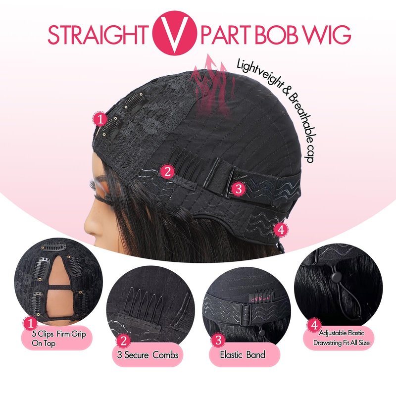 Atikual V Part Wig Human Hair Bob Wig 8inch Brazilian Remy Hair Short Bob Wig Human Hair Glueless Wig Upart Bob Wigs For Black Women Upgrade U Part Wig No Sew in No Glue Natural Black Color