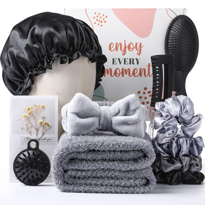 Mother's Day Hair Care Gift Set - 12 Pcs Spa Kit with Black Microfiber Hair Drying Towel | Unique Gift for Mom, Grandma, or Best Friend
