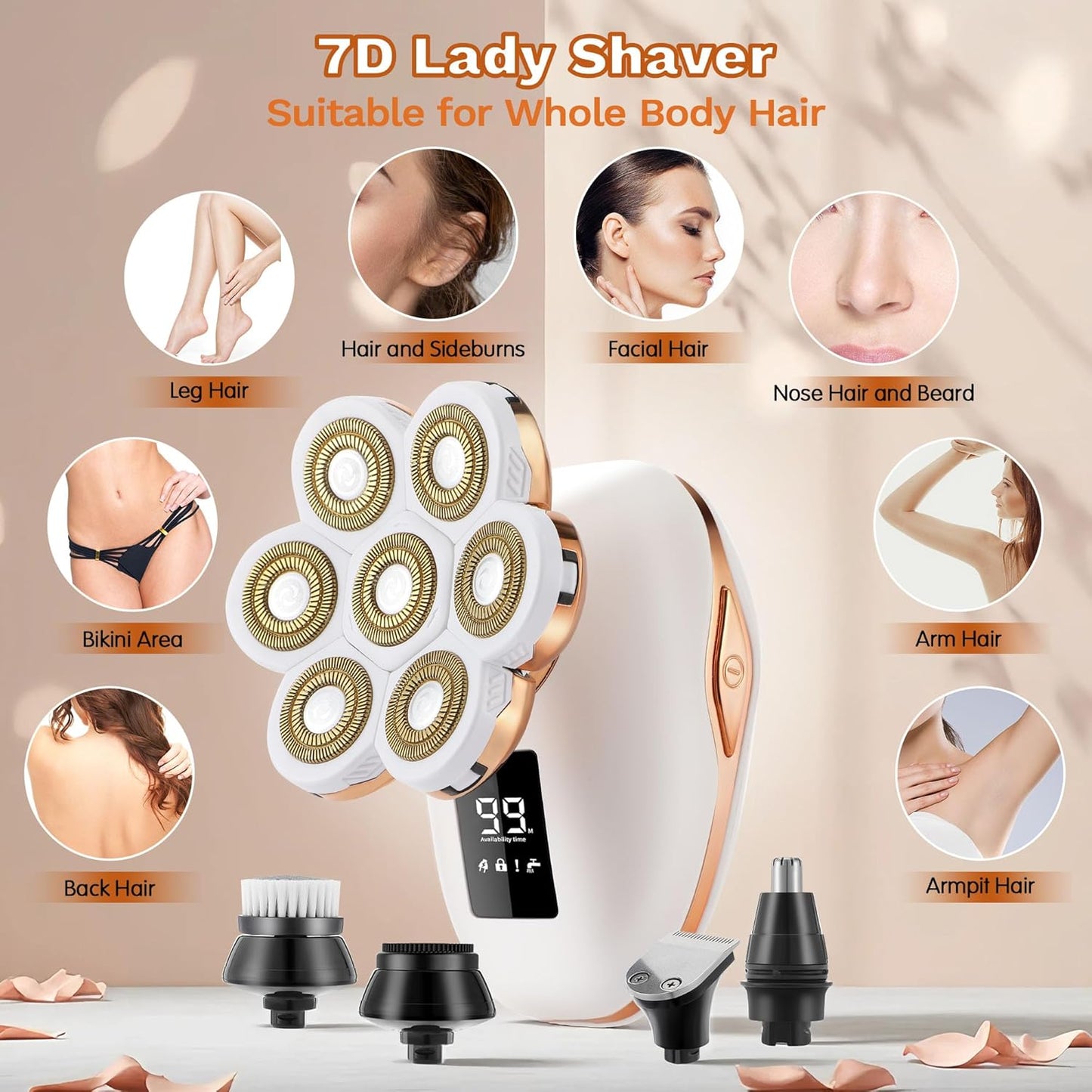 7D Electric Shaver for Women - 5-in-1 Rechargeable Wet/Dry Hair Removal | Painless Bikini Trimmer & Facial Razor
