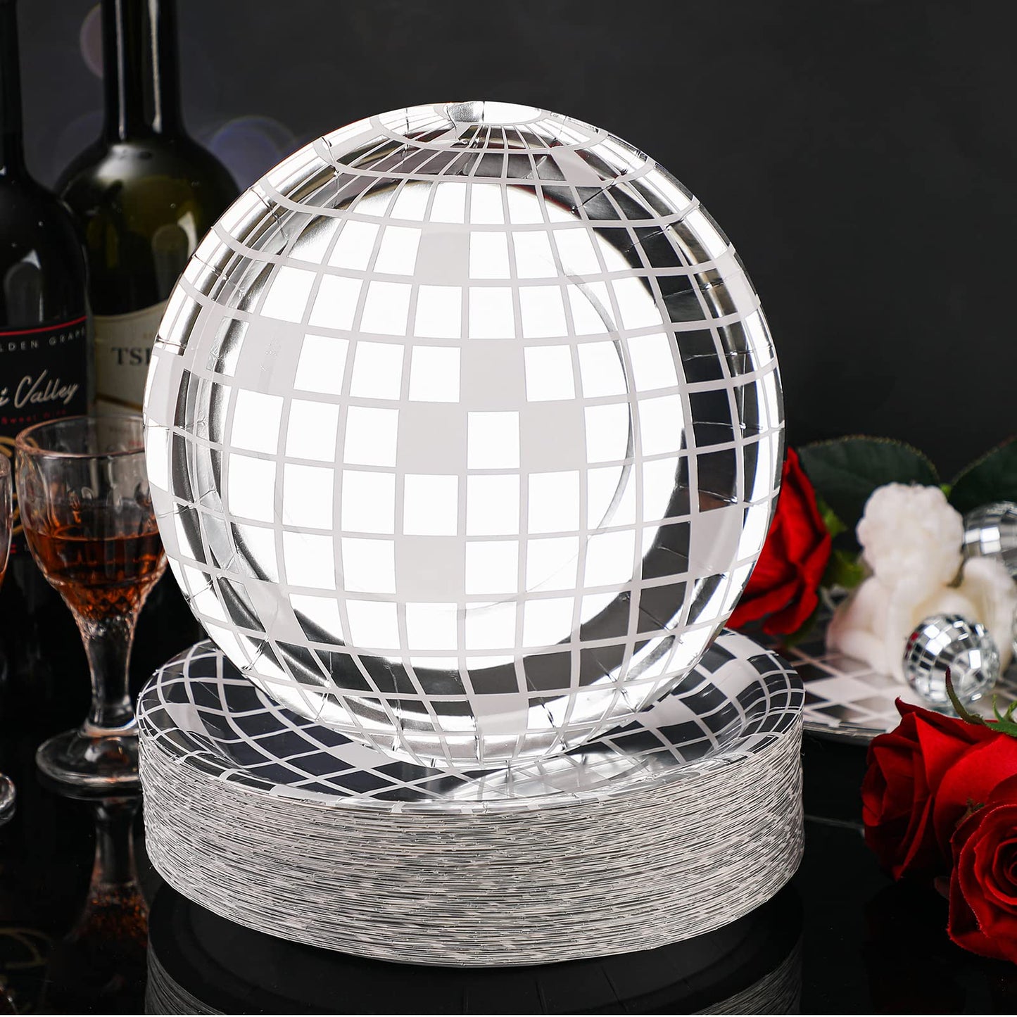 Funtery 50 Pcs Disco Plates 9'' Silver Paper Plates 70s Party Decorations Disposable Disco Dessert Dinner dish Dancing Queen Cowgirl Party Decorations for New Year's Eve 2026