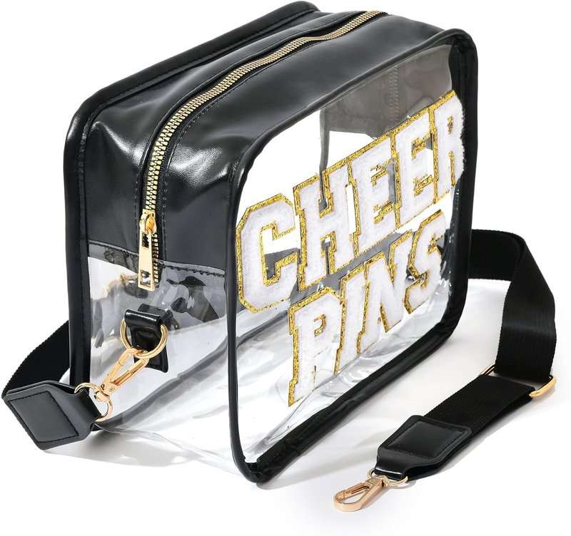 Clear Cheerleading Competition Pin Holder - Adjustable Strap & Chenille Letters | Stadium Approved Team Gift