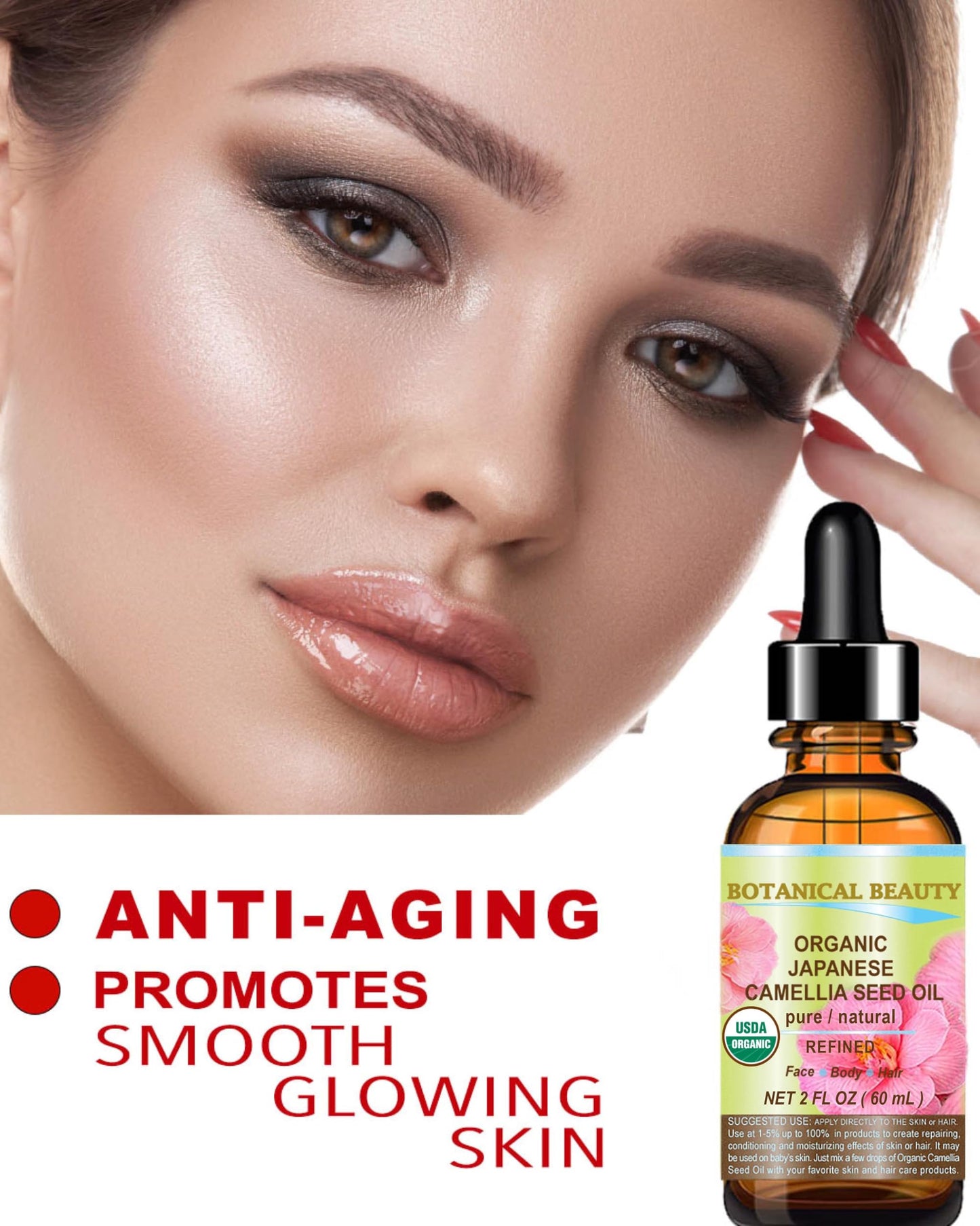 Botanical Beauty Japanese ORGANIC CAMELLIA Seed Oil. 100% Pure Natural Undiluted Refined Cold Pressed Carrier Oil to revitalize and rejuvenate the hair, skin and nails. 2 Fl. oz 60 ml