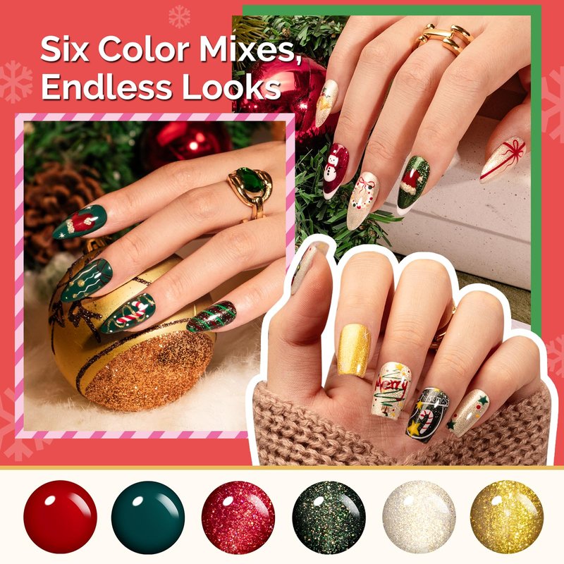 MelodySusie Highly Pigmented Gel Nail Polish Set, 0.56 fl.oz Tilt-and-Stand Bottle, HEMA Free Plant-Based, 6 Colors Christmas New Year, Soak Off UV LED Manicure Kit Gift Box(Red Glitter Gold Green)