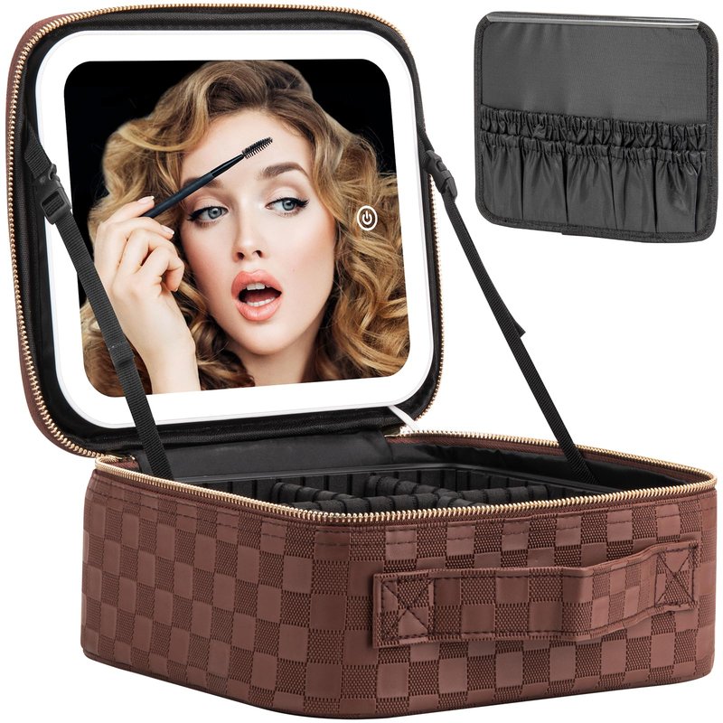 Extrei Gent Makeup Travel Train Case with Mirror LED Light 3 Adjustable Brightness Large Cosmetic Bag Portable Storage Adjustable Partition Waterproof Makeup Brushes Make up Jewelry Gift for Women