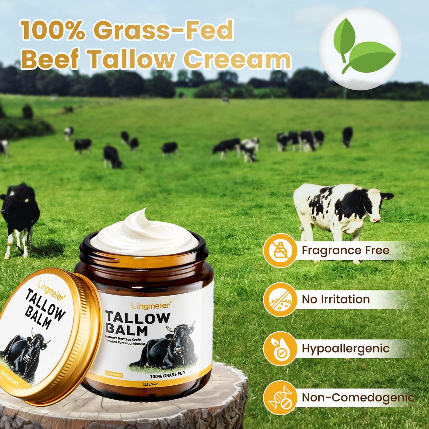 Lingmeier Whipped Beef Tallow Balm with Grass Fed Tallow and Honey, Unscented Natural Moisturizer for Dry Sensitive Skin, Eczema, Rosacea, 4 oz