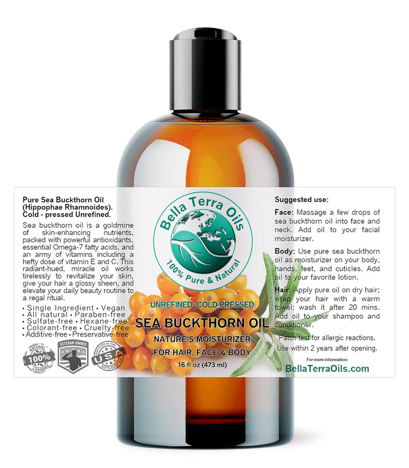 Bella Terra Oils - Sea Buckthorn Oil 16 oz - Capturing the Essence of Natural Sea Buckthorn Berries, Loaded with Omega-7 & Omega-9, A Sumptuous Embrace for Skin