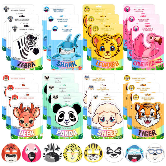 Dansib 24 Pcs Animal Face Masks Bulk Spa Sheet Skincare Facial Mask Funny Face Skin Care for Women Girls Sleepover Slumber Party