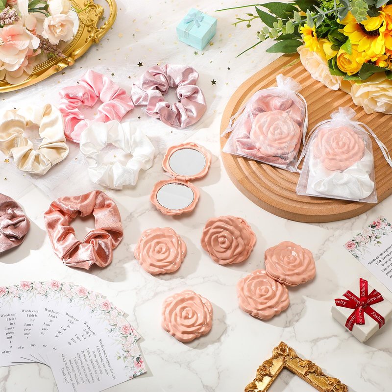 XunYee 30 Sets Rose Compact Mirror Bulk Bridal Shower Favors for Guests Mother's Day Souvenir Gifts Hair Ties Elastic Scrunchies, Thank You Card and Organza Bags for Wedding Quinceanera(Pink)