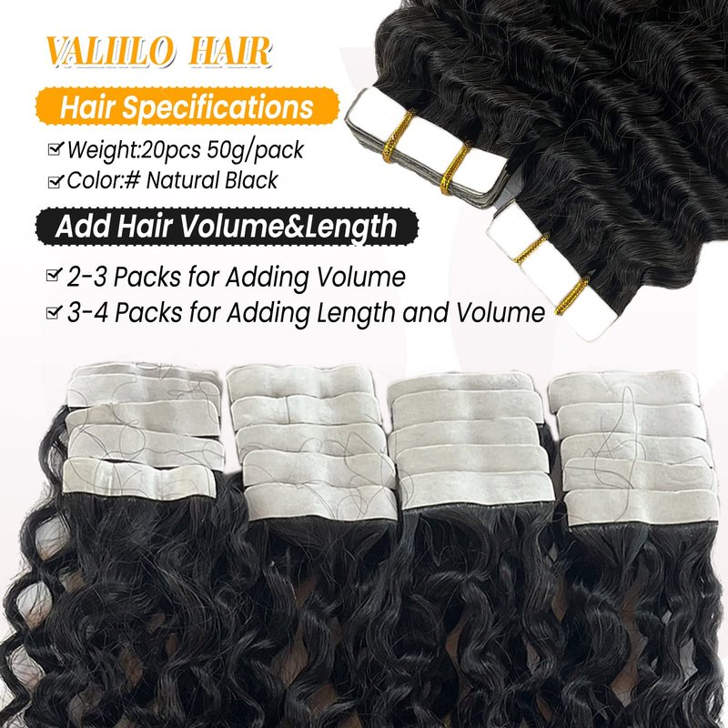 Curly Tape ins 20 pcs Kinky Curly Tape in Hair Extensions Human Hair Natrual Black for Women 18 Inch 50G