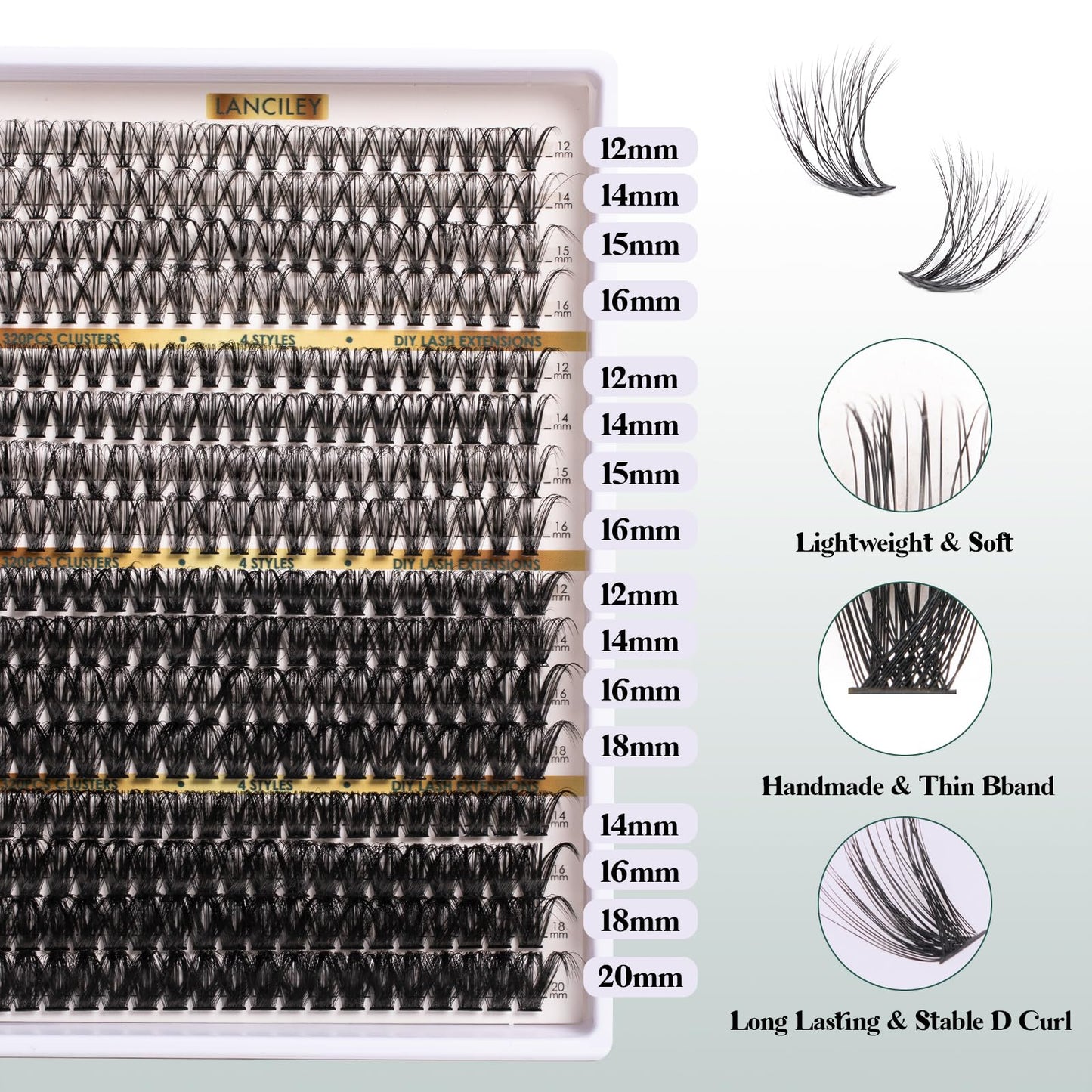 Lash Clusters 320PCS 12-20MM 30D+40D+80D+100D DIY Eyelash Extensions Kit Natural Individual Lashes Thick Volume Eyelash Clusters D Curly Lash Extension kit with Bond + Seal + Remover + Tweezers-4
