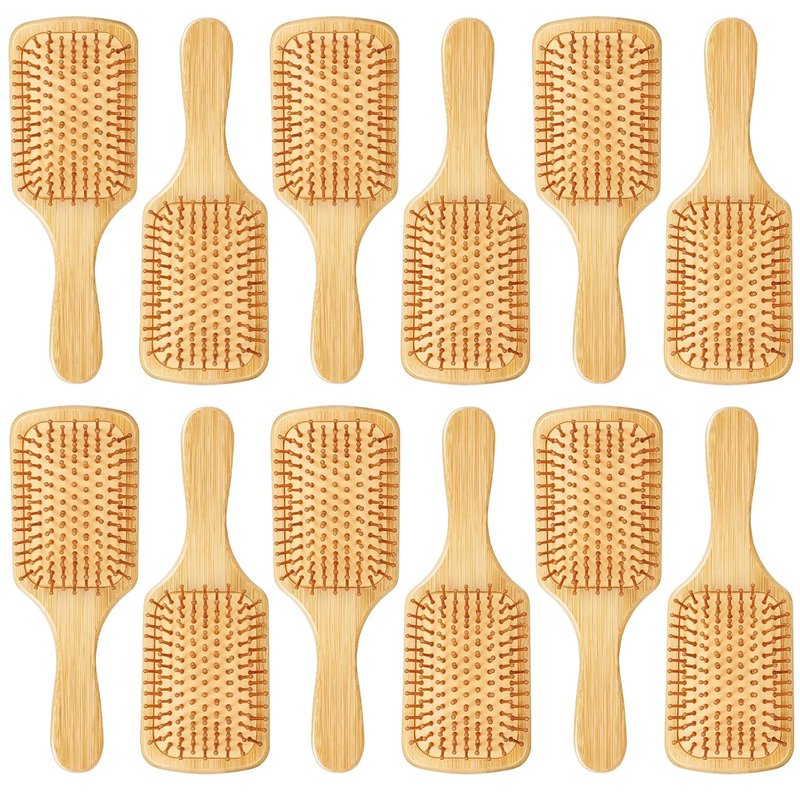 Bamboo Hair Brush Set - 12 Pcs Detangling Paddle Brushes with Round-Tipped Bristles | Lightweight Scalp Massage (9.84'' × 3.4'')