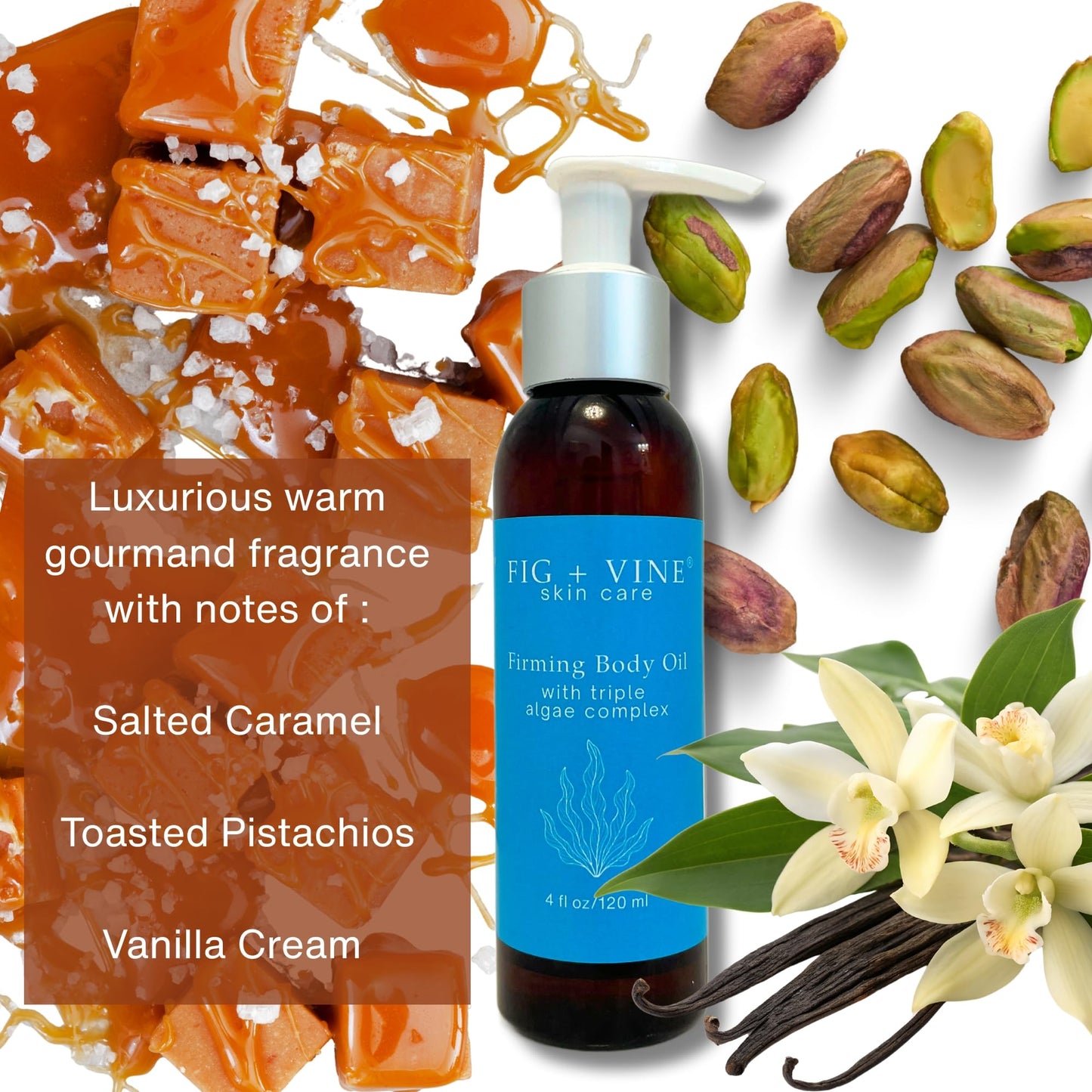 Firming Body Oil Serum with Triple Algae Complex | Non Greasy, Fast Absorbing Moisturizer with Vitamin C, E, Jojoba, Castor for Firming & Brightening | Pistachio, Caramel, Vanilla Scented Body Oil
