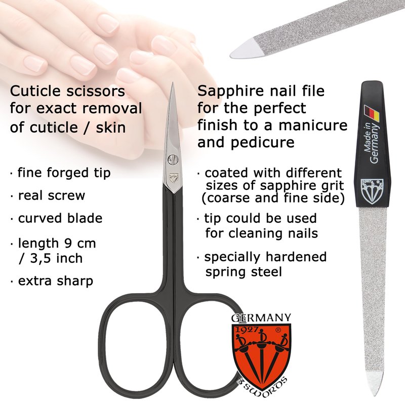 3 Swords Germany - Brand Quality 6 piece Manicure Pedicure Grooming kit Set - Scissors, Metal and Glass Nail File, Clipper, Tweezers with Synthetic Leather case - White/Black Tools